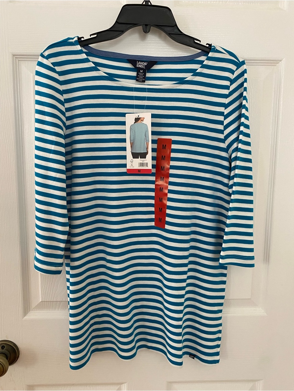 NWT Lands’ End Teal & White Striped 3/4 Sleeve Boatneck Top | 100% Prima Cotton